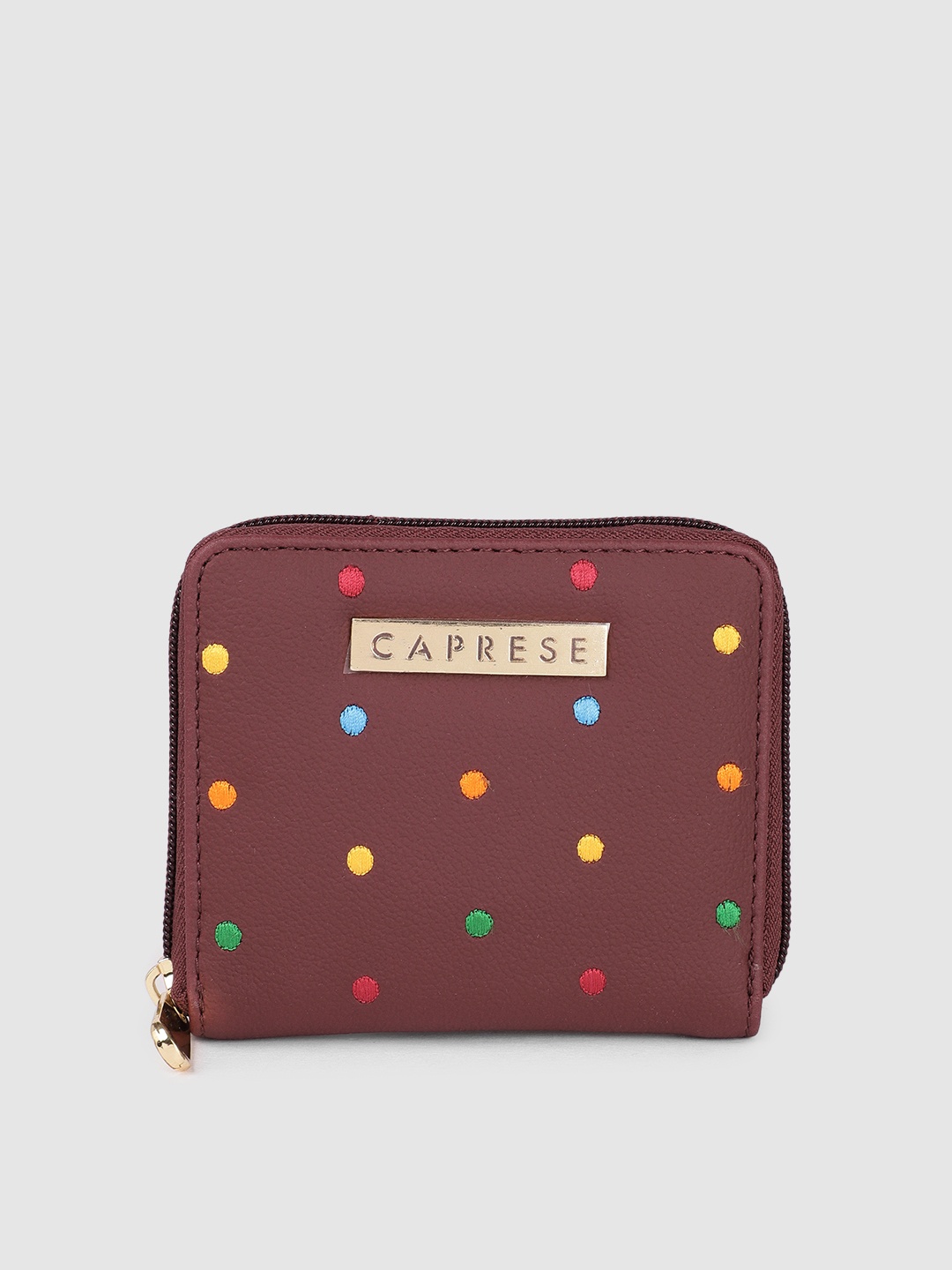 

Caprese Women Solid Zip Around Wallet With Embroidered Detail, Maroon