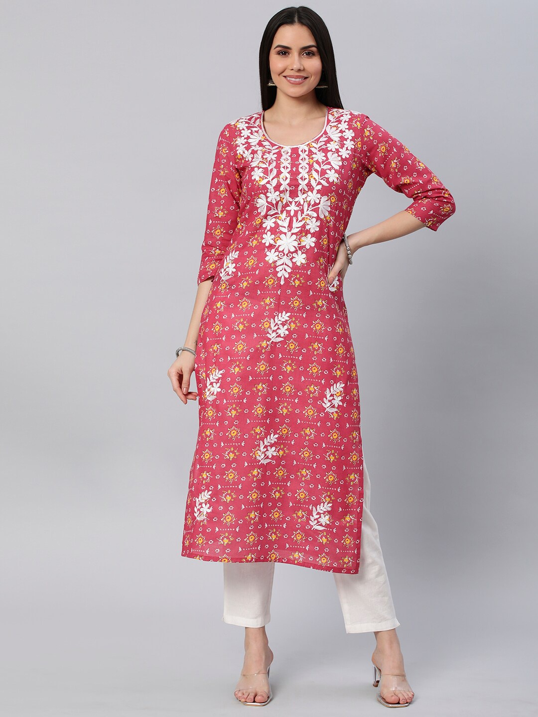 

KALINI KALINI Women Pink Chikankari Embroidery Work Floral Printed Kurta