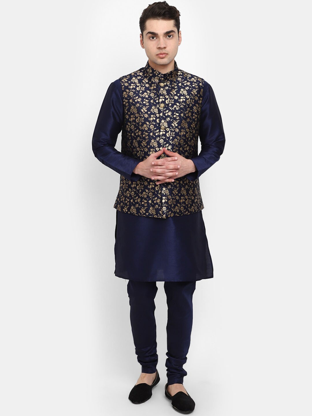 

V-Mart Mandarin Collar Pure Cotton Kurta with Pyjamas with Woven Design Nehru Jacket, Navy blue