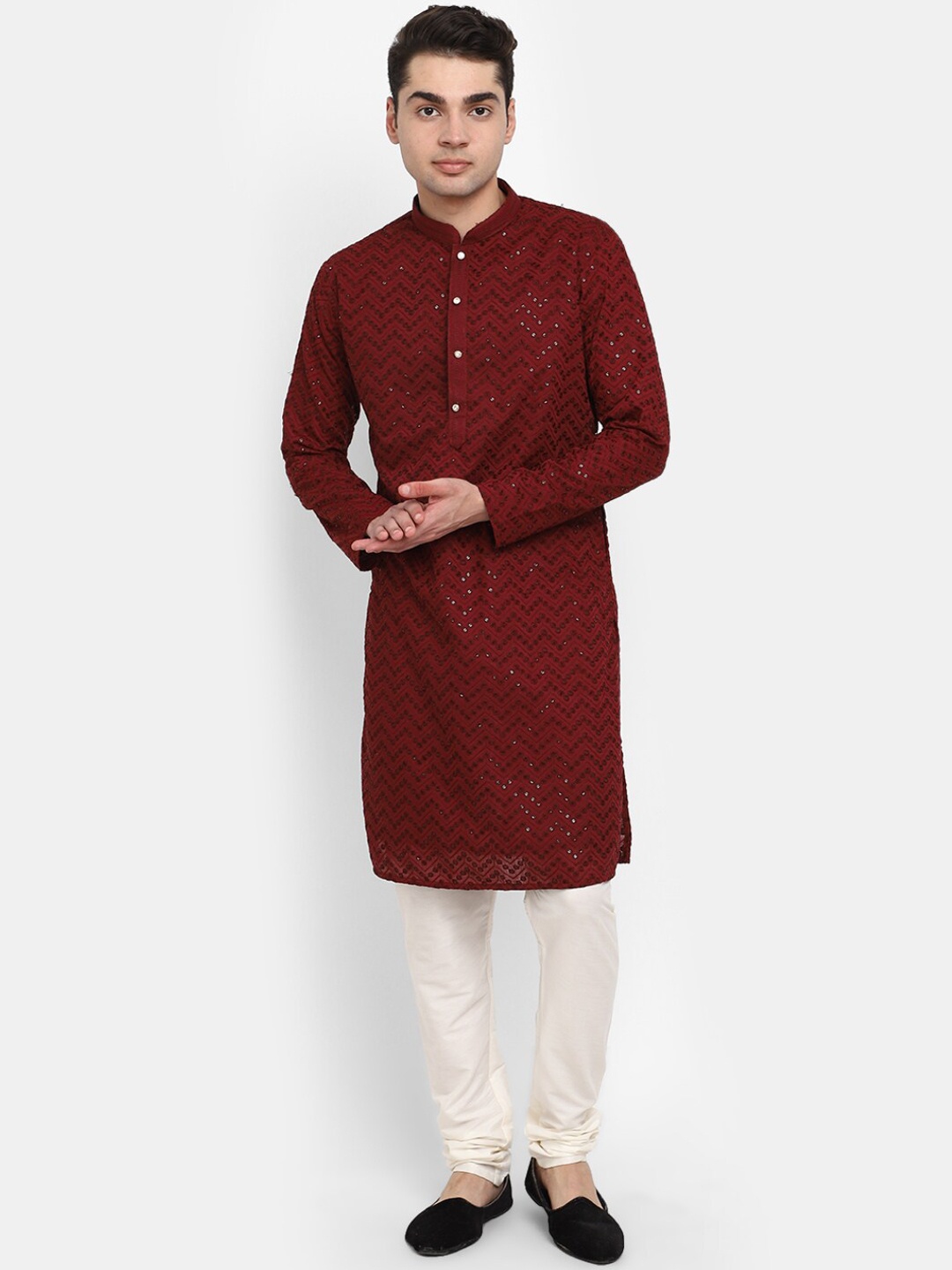 

V-Mart Mandarin Collar Geometric Self Design Sequinned Pure Cotton Kurta with Pyjamas, Maroon