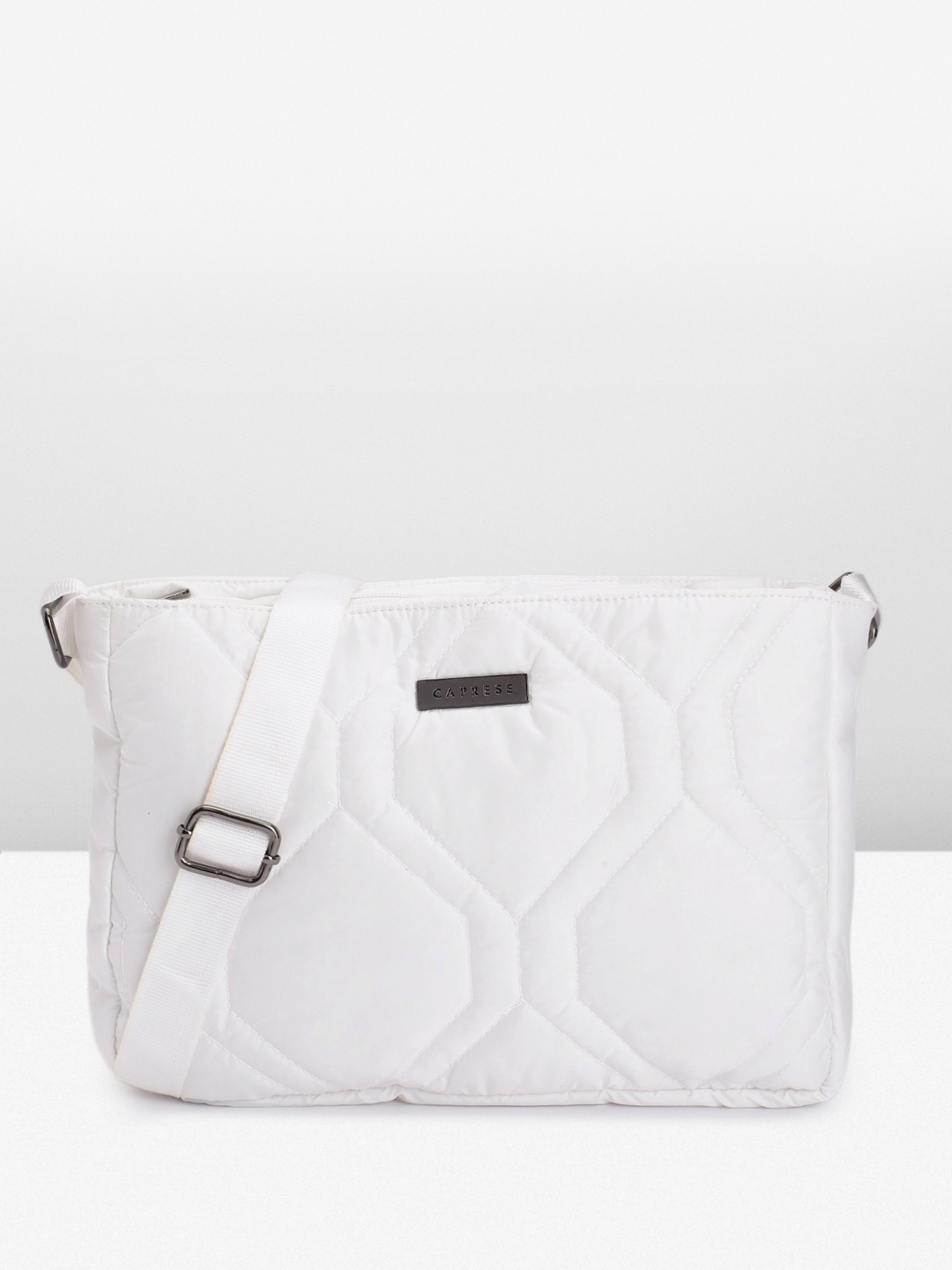 

Caprese Geometric Self Design Structured Sling Bag, White