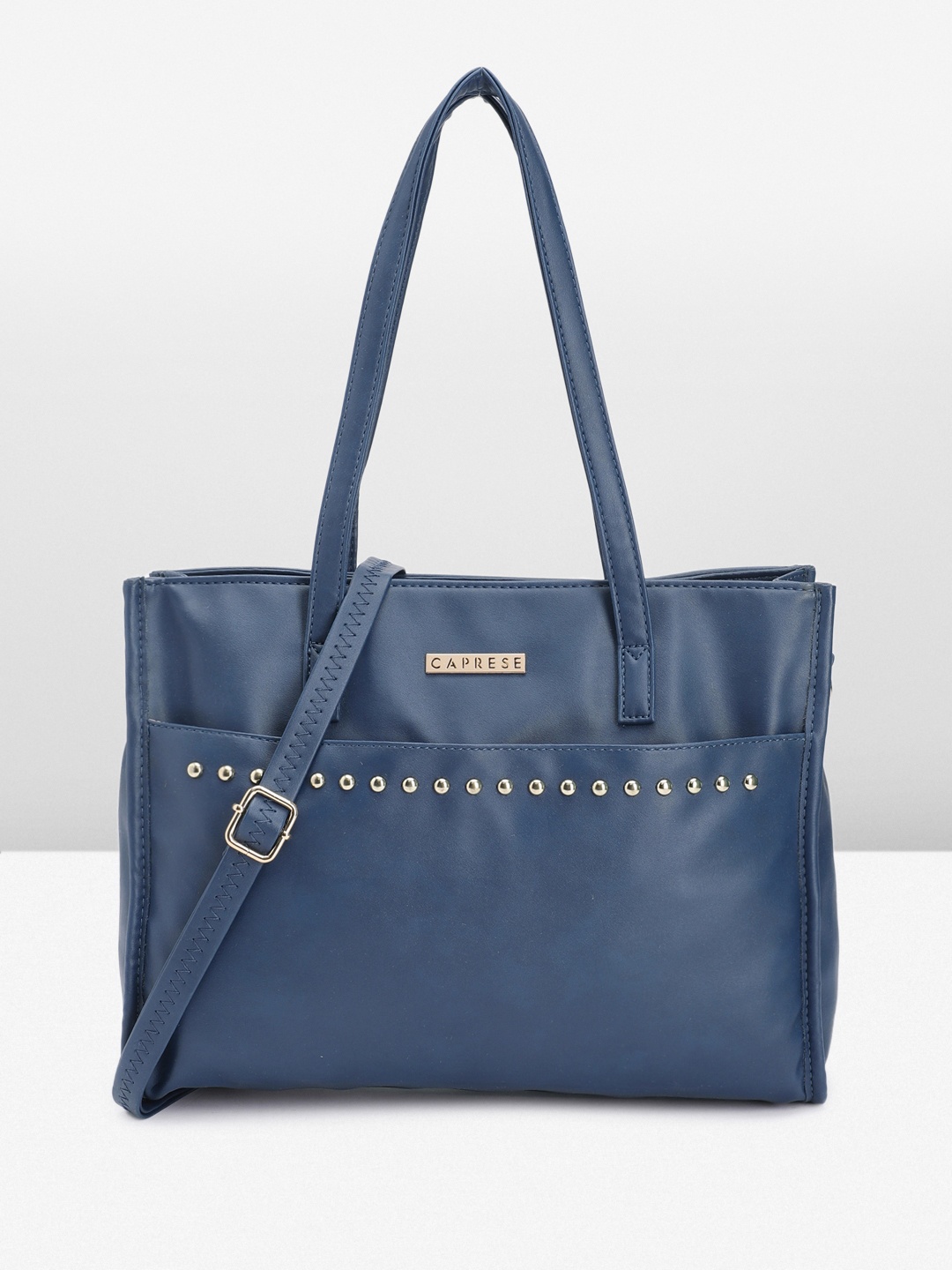 

Caprese Solid Regular Structured Shoulder Bag With Studded Detail, Navy blue