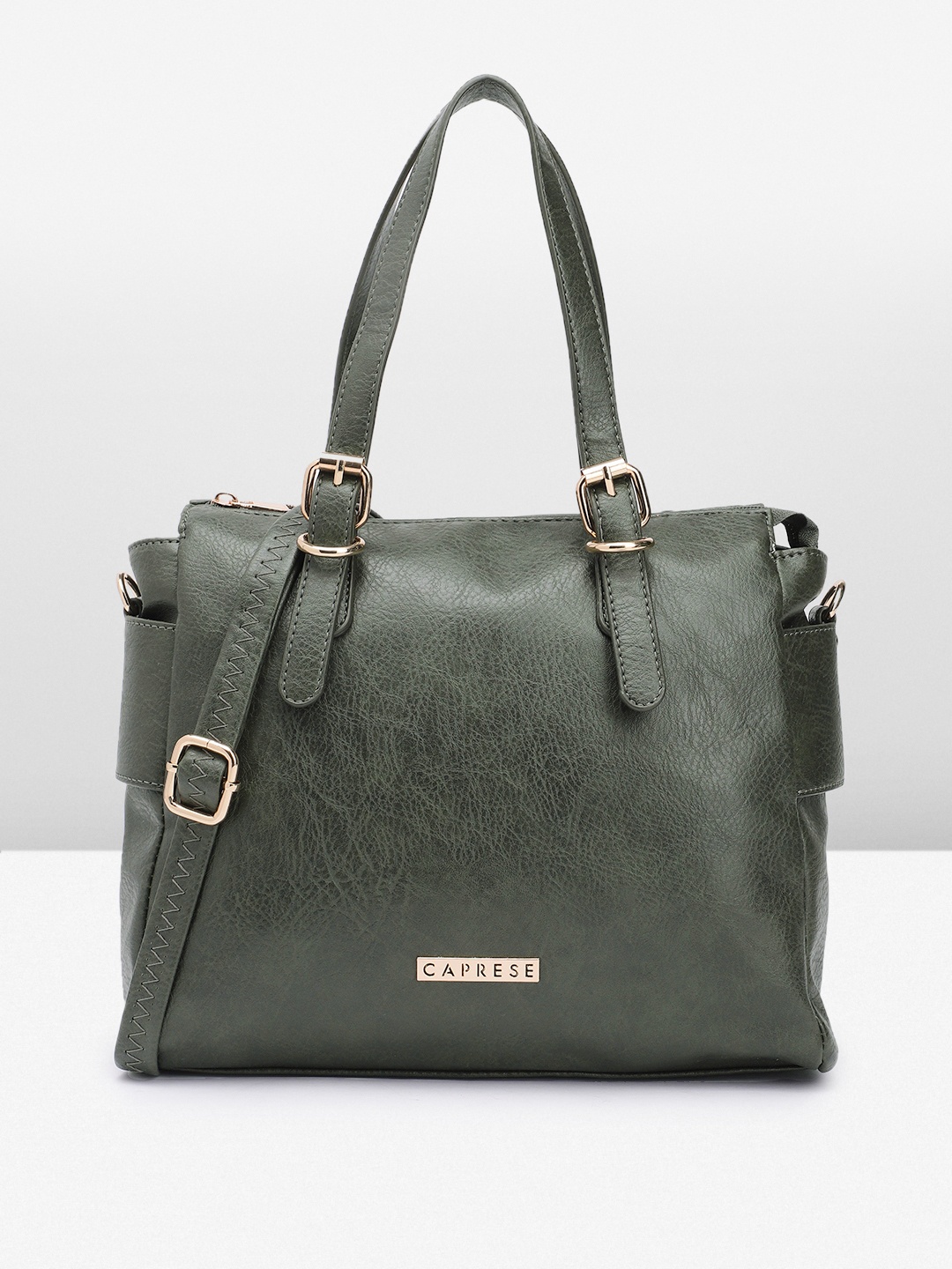

Caprese Textured Regular Structured Handheld Bag With Strap Detail On Sides, Olive