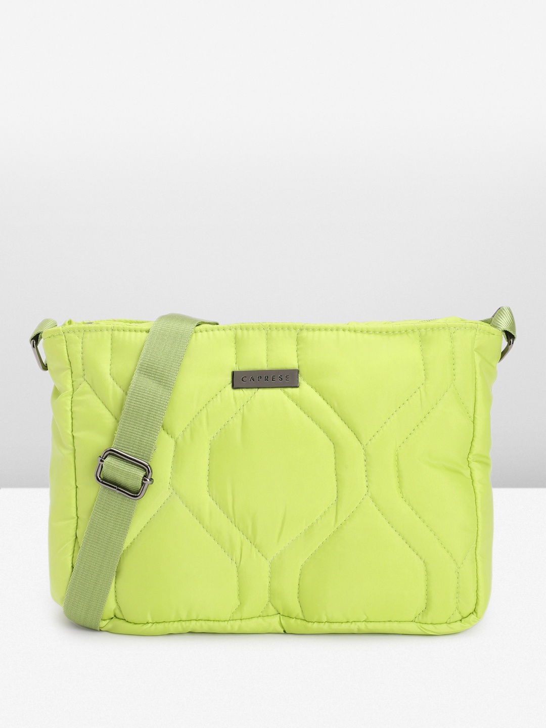 

Caprese Geometric Self Design Structured Sling Bag, Green