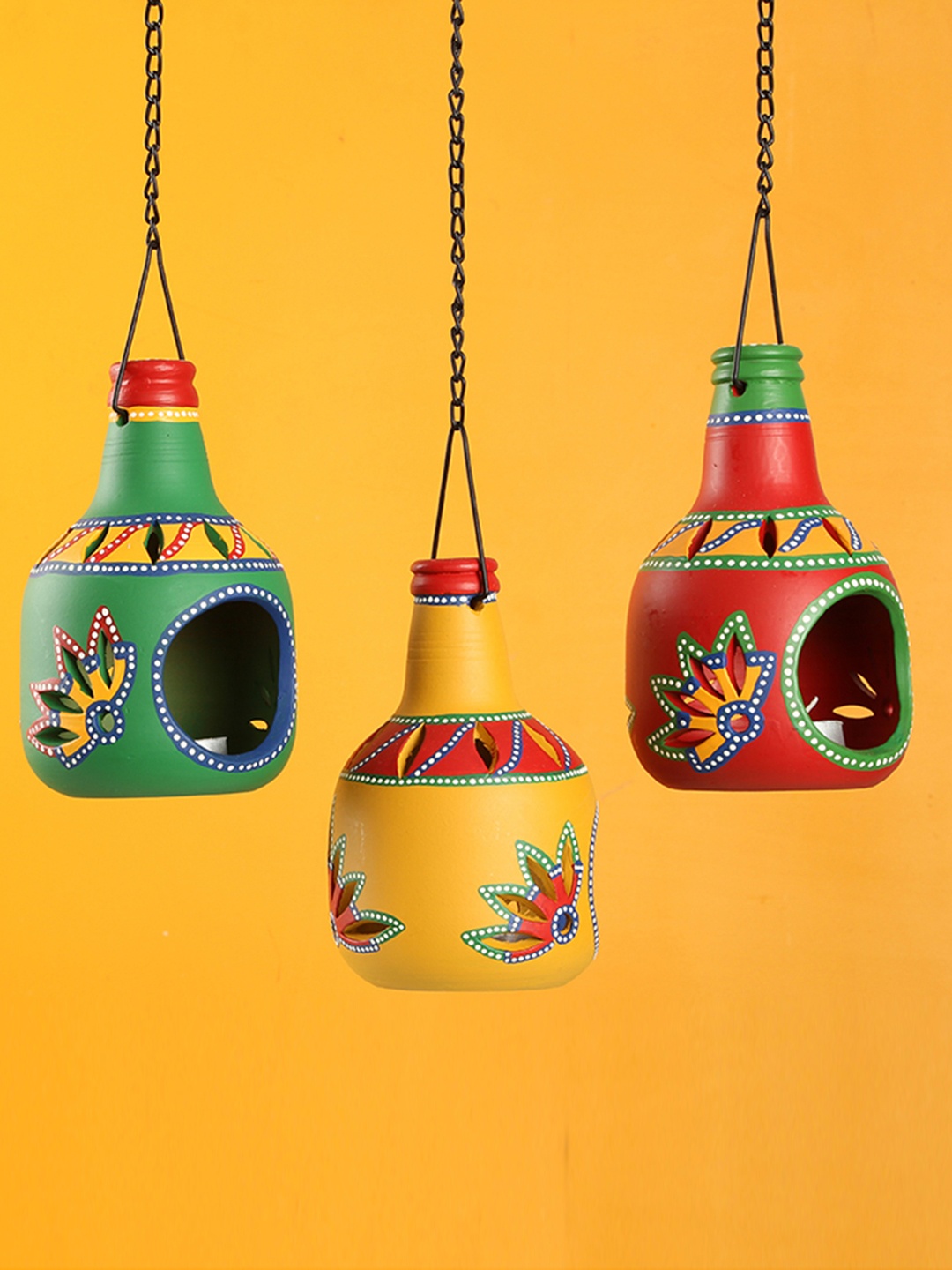 

ExclusiveLane Terracotta Set of 3 Hand-Painted Hanging Tea-Light Candle Holders, Green