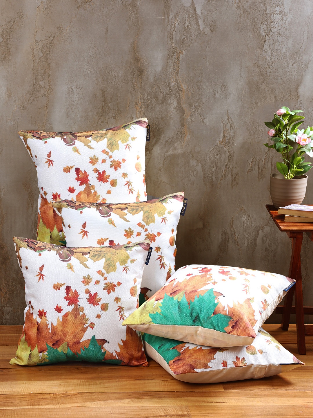 

ROMEE White & Orange 5 Pieces Floral Square Cushion Covers