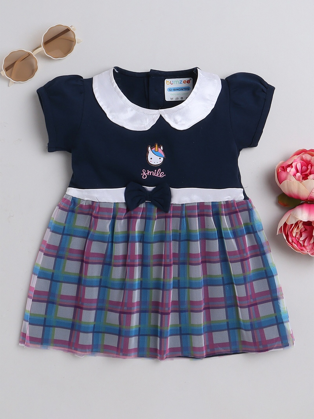 

BUMZEE Infant Girls Checked Puff Sleeve Fit & Flare Dress, Navy blue