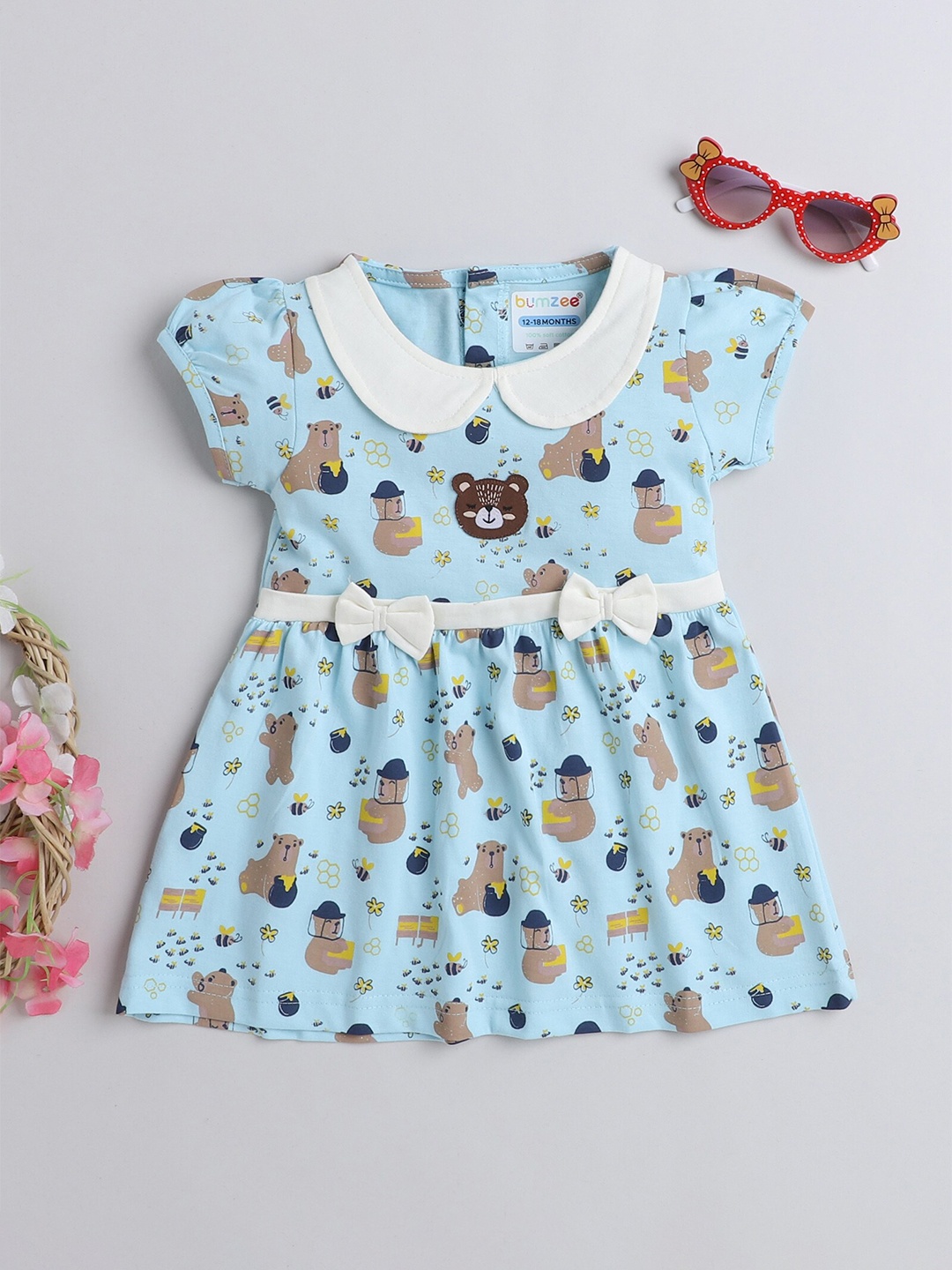 

BUMZEE Infant Girls Printed Peter Pan Collar Puff Sleeve Fit & Flare Dress, Blue