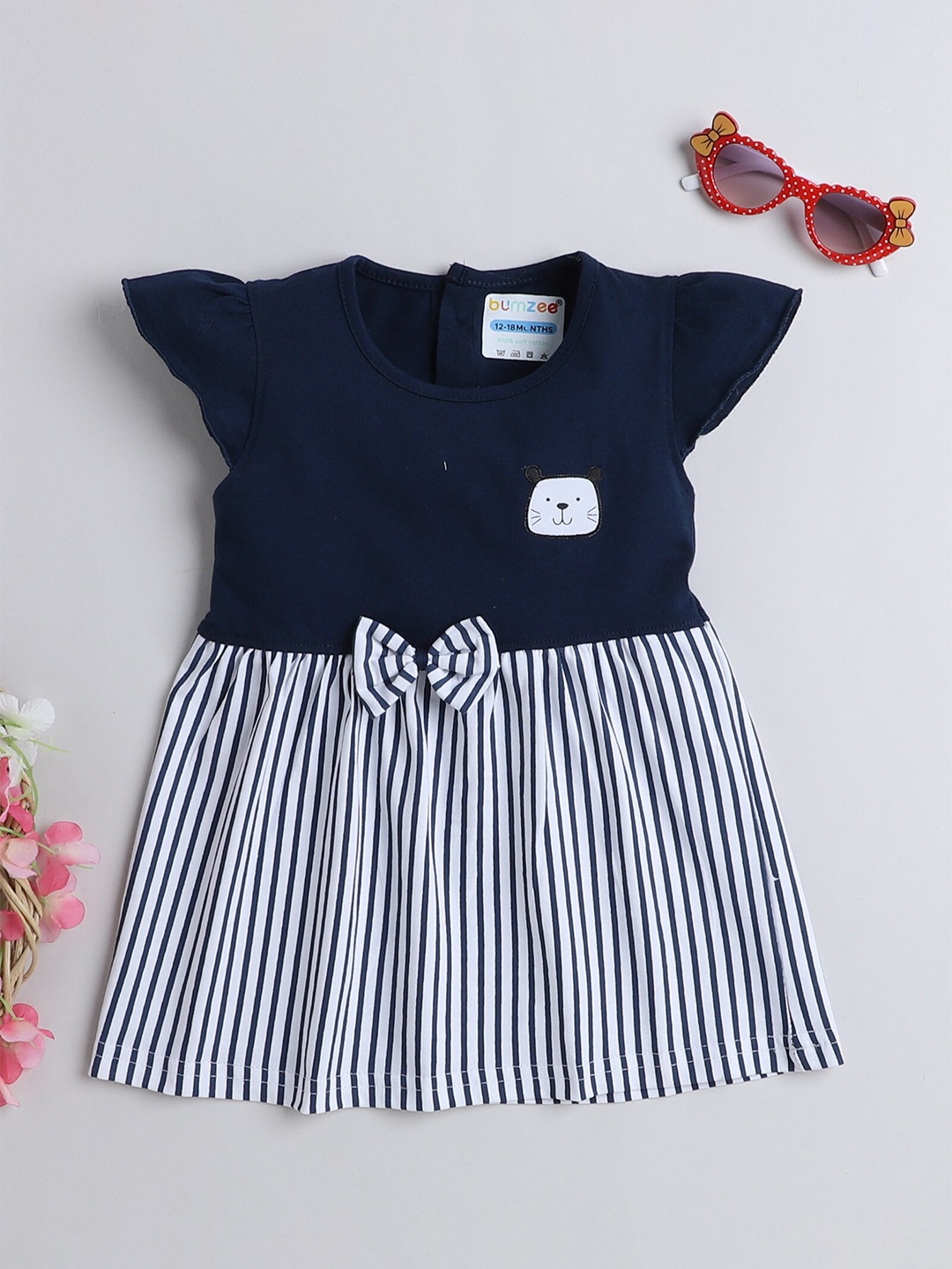 

BUMZEE Infant Girls Striped Fit and Flare Cotton Dress, Navy blue