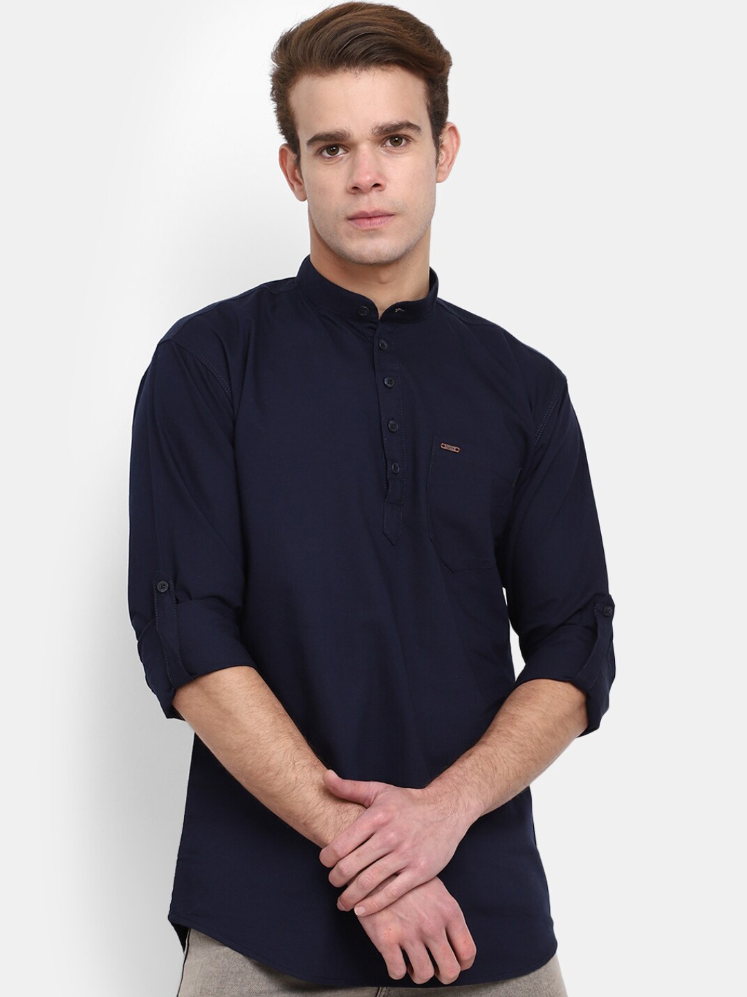 

V-Mart Mandarin Collar Roll-Up Sleeves Cotton Short Kurta, Navy blue