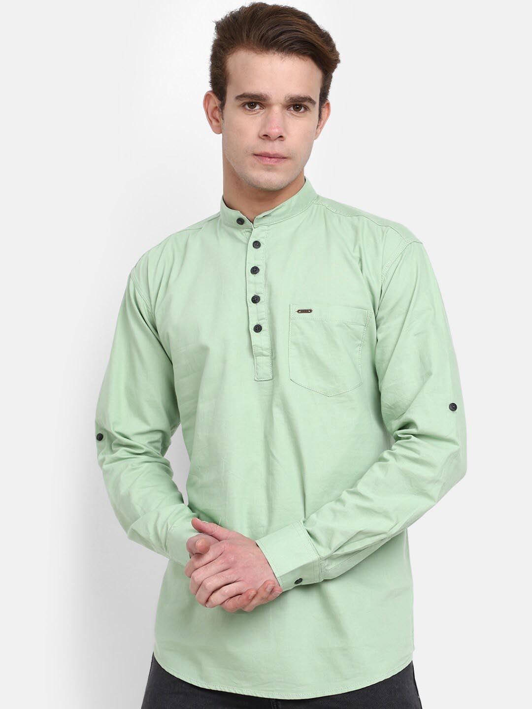 

V-Mart Band Collar Roll-Up Sleeves Cotton Short Kurta, Green