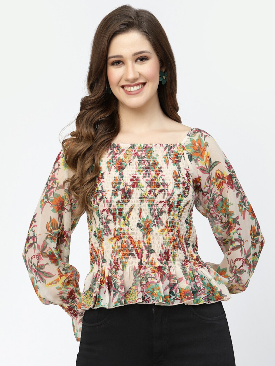 

Popwings Floral Printed Puff Sleeves Chiffon Cinched Waist Top, Cream