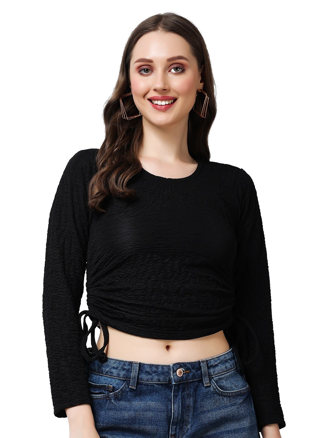 

Popwings Self Design Ruched Crop Top, Black