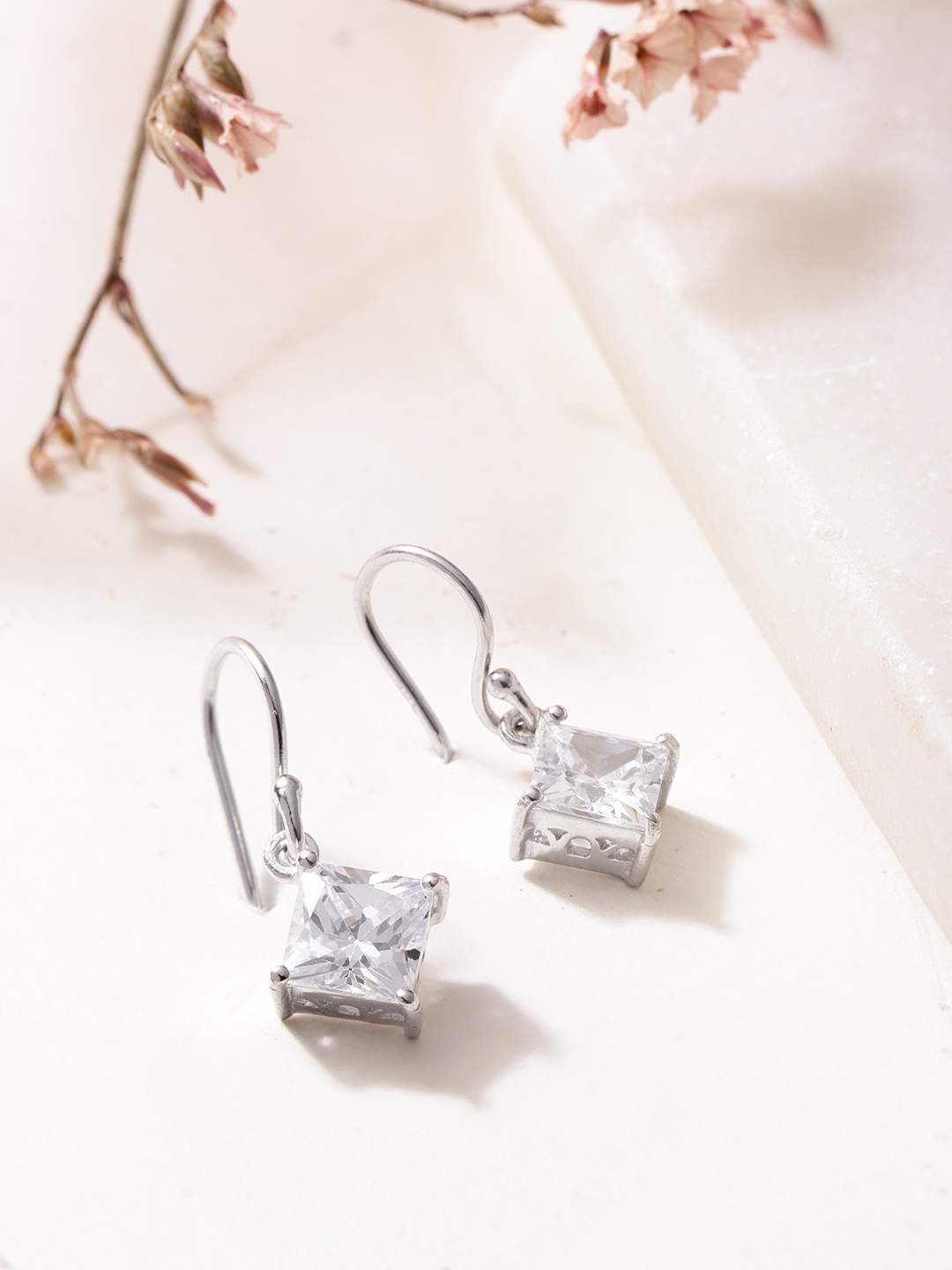 

Zavya Rhodium-Plated CZ Studded Sterling Silver Geometric Drop Earrings