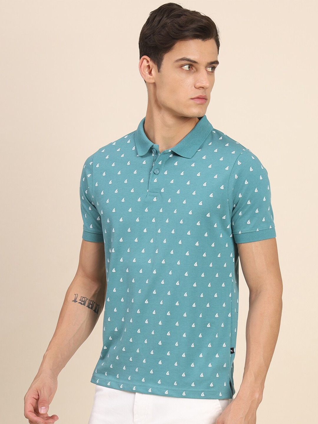 

Dennis Lingo Conversational Printed Polo Collar Regular Fit T-shirt, Teal