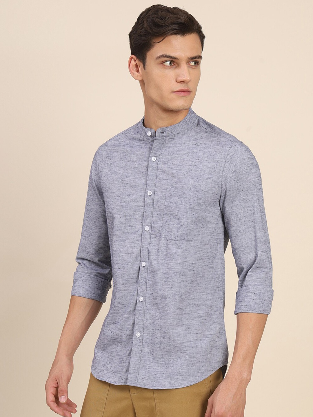 

Dennis Lingo India Slim Band Collar Slim Fit Pure Cotton Casual Shirt, Blue