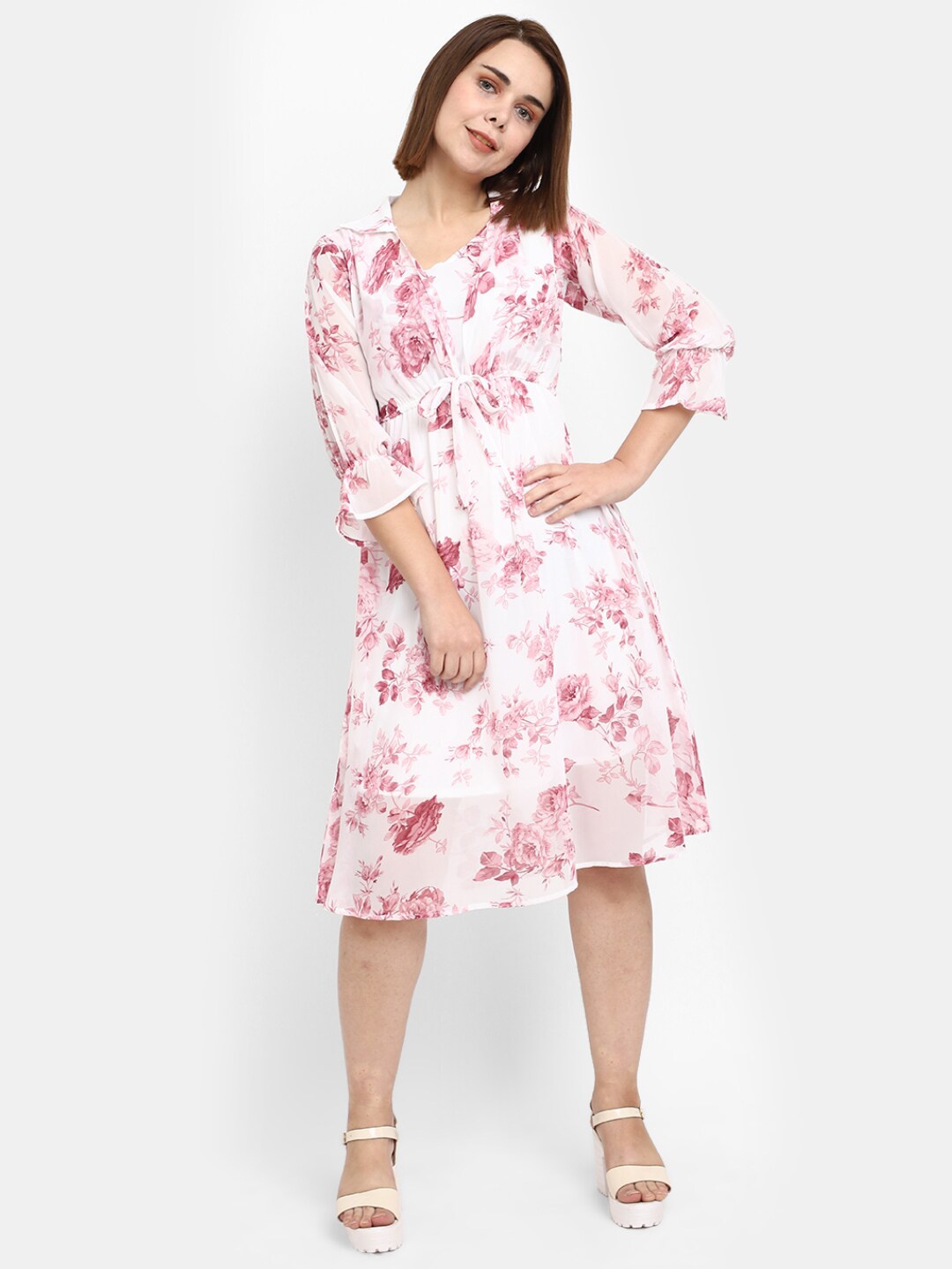 

V-Mart Floral Printed Tie Up A-Line Chiffon Dress, White