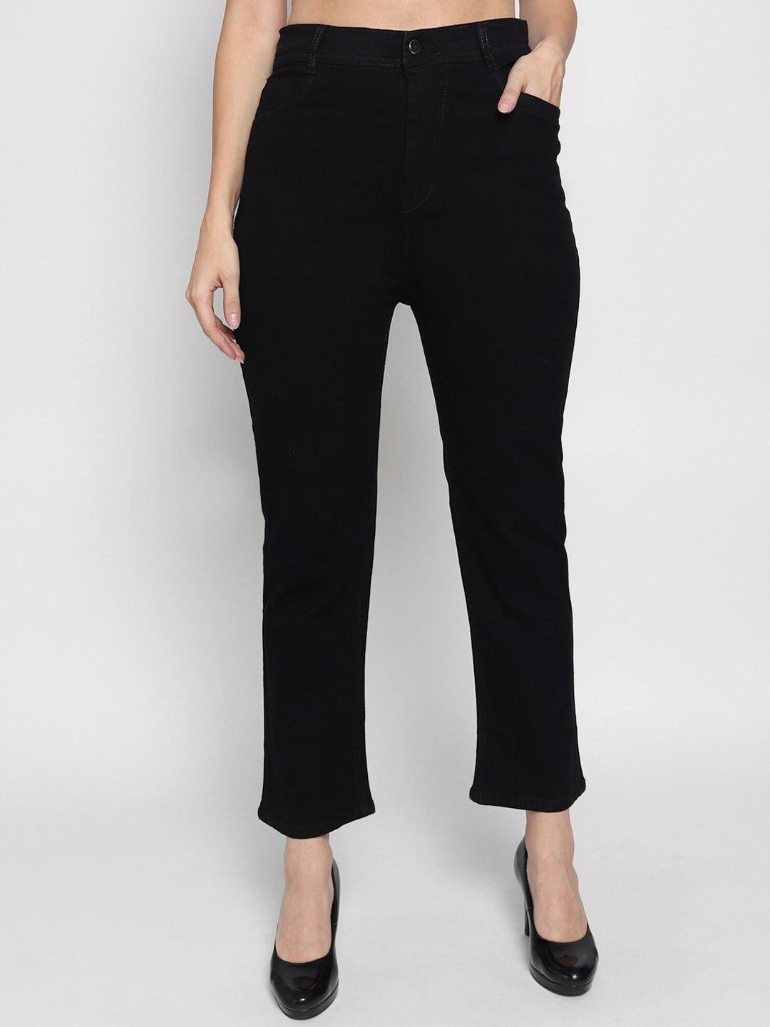 

TYFFYN Women Jean Straight Fit High-Rise Cotton Jeans, Black