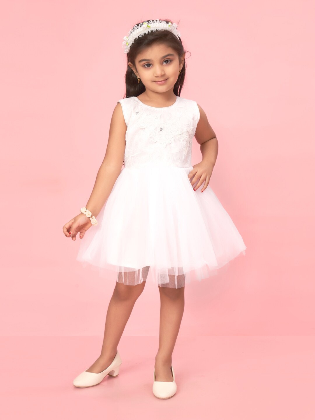 

Muhuratam Girls Net Fit & Flare Dress, White