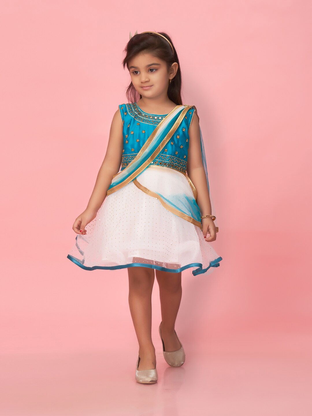 

Muhuratam Girls Embellished Net Fit & Flare Ethnic Dress, Turquoise blue
