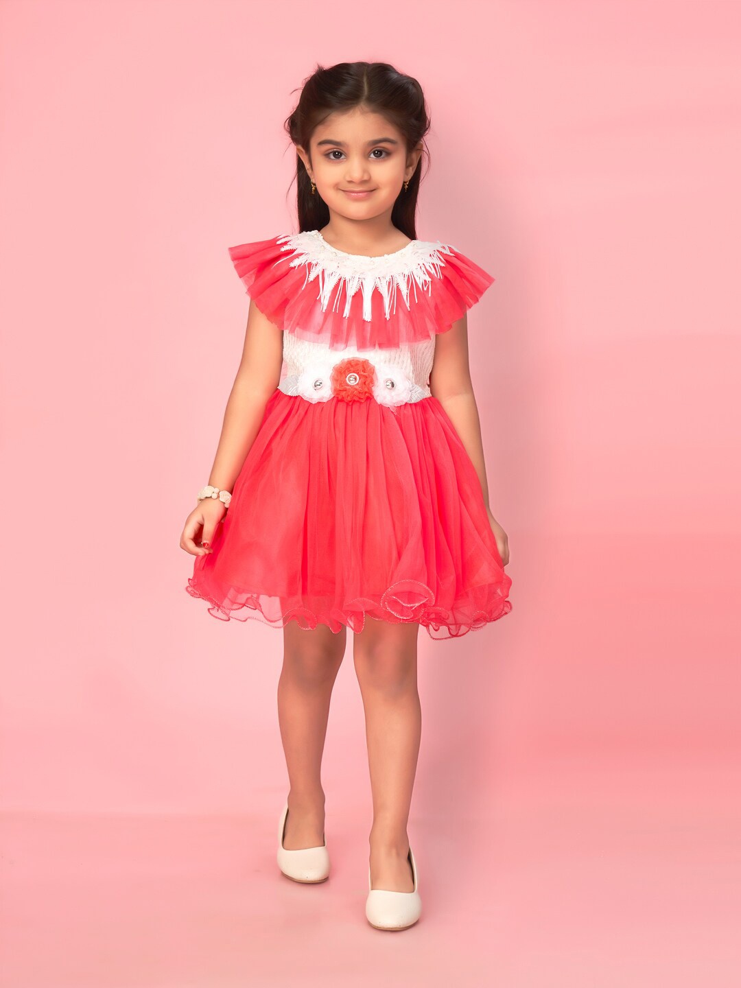 

Muhuratam Girls Flared Sleeve Net Fit & Flare Dress, Red
