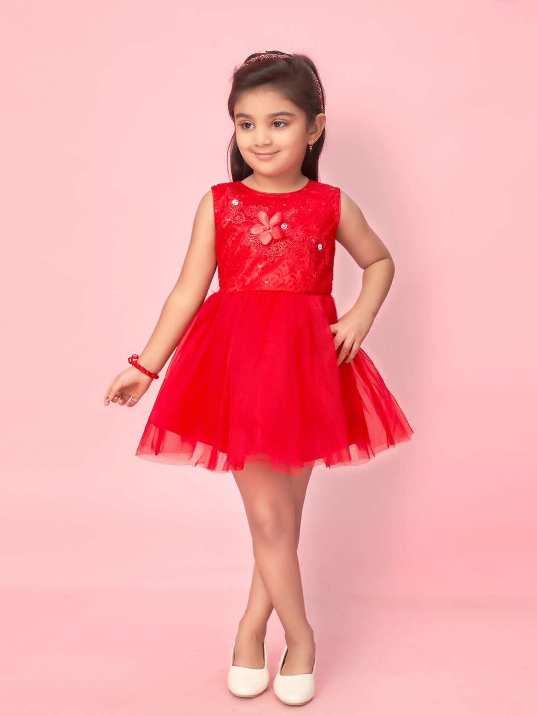 

Muhuratam Girls Embellished Net Fit & Flare Dress, Red