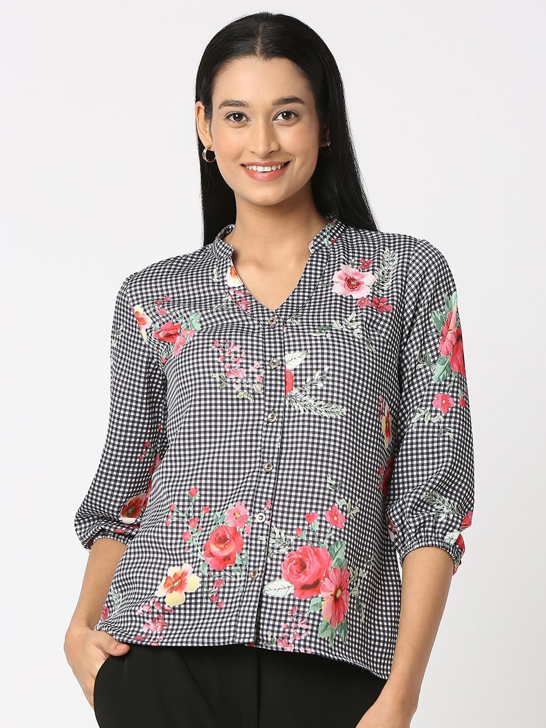 

NOT SO PINK Smart Floral Printed Puff Sleeves Casual Shirt, Black