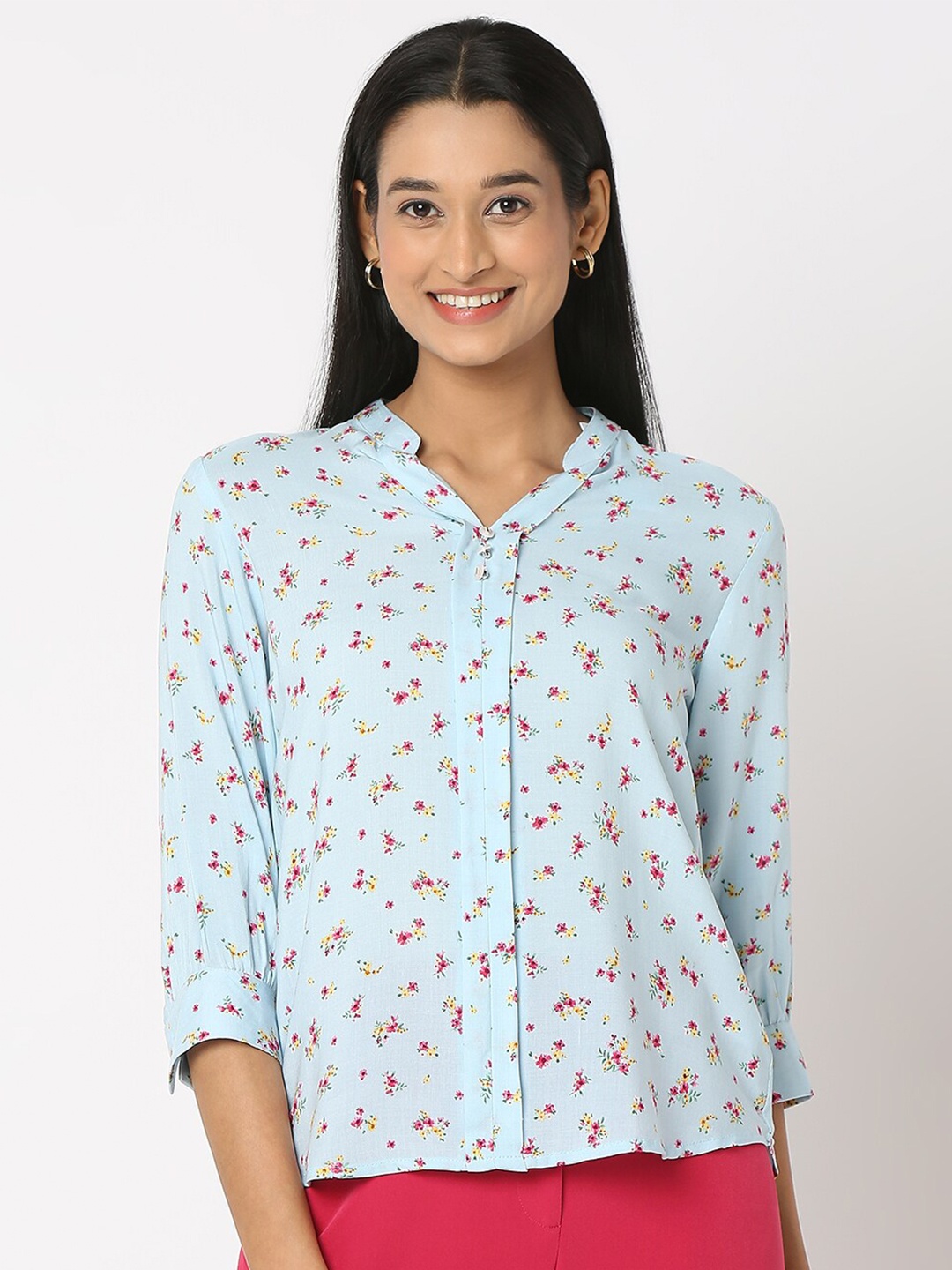 

NOT SO PINK Floral Printed Mandarin Collar Cotton Shirt Style Top, Blue