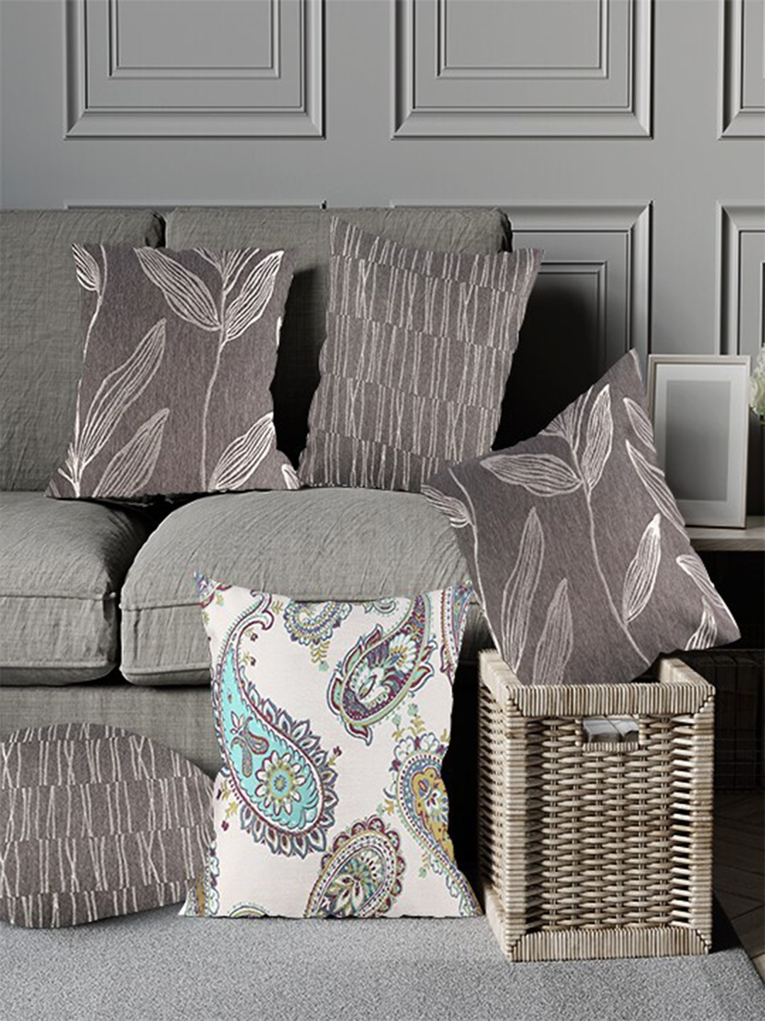 

Just Home Blue & Grey 5 Pieces Ethnic Motifs Square Cushion Covers