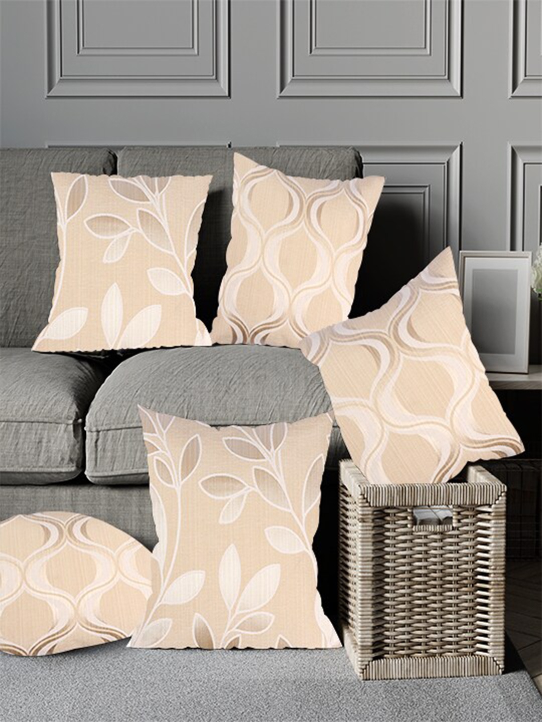 

Just Home Beige Set of 5 Abstract Square Cushion Covers