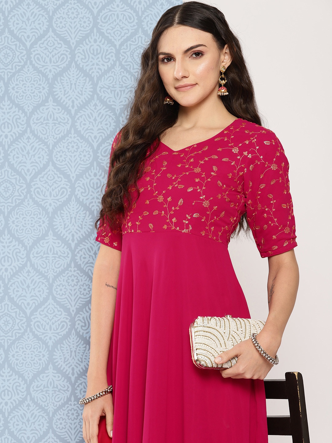 

Inddus Women Floral Embroidered Sequined Georgette Maxi Dress, Pink
