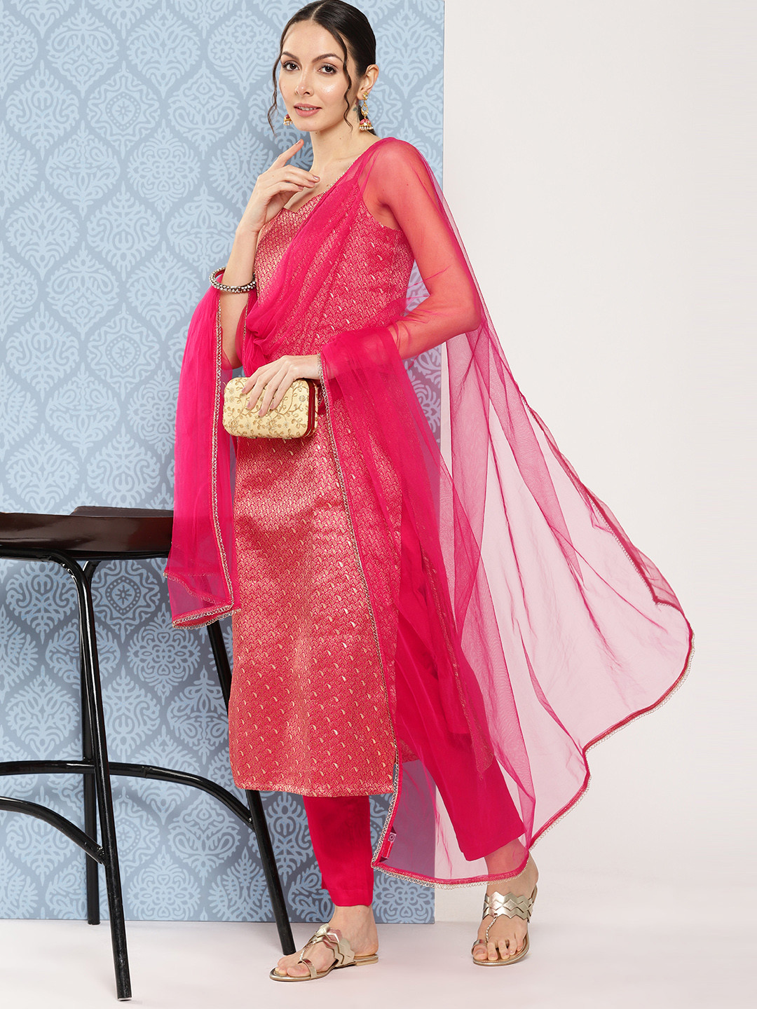 

Inddus Women Paisley Regular Zari Kurta with Trousers & With Dupatta, Magenta