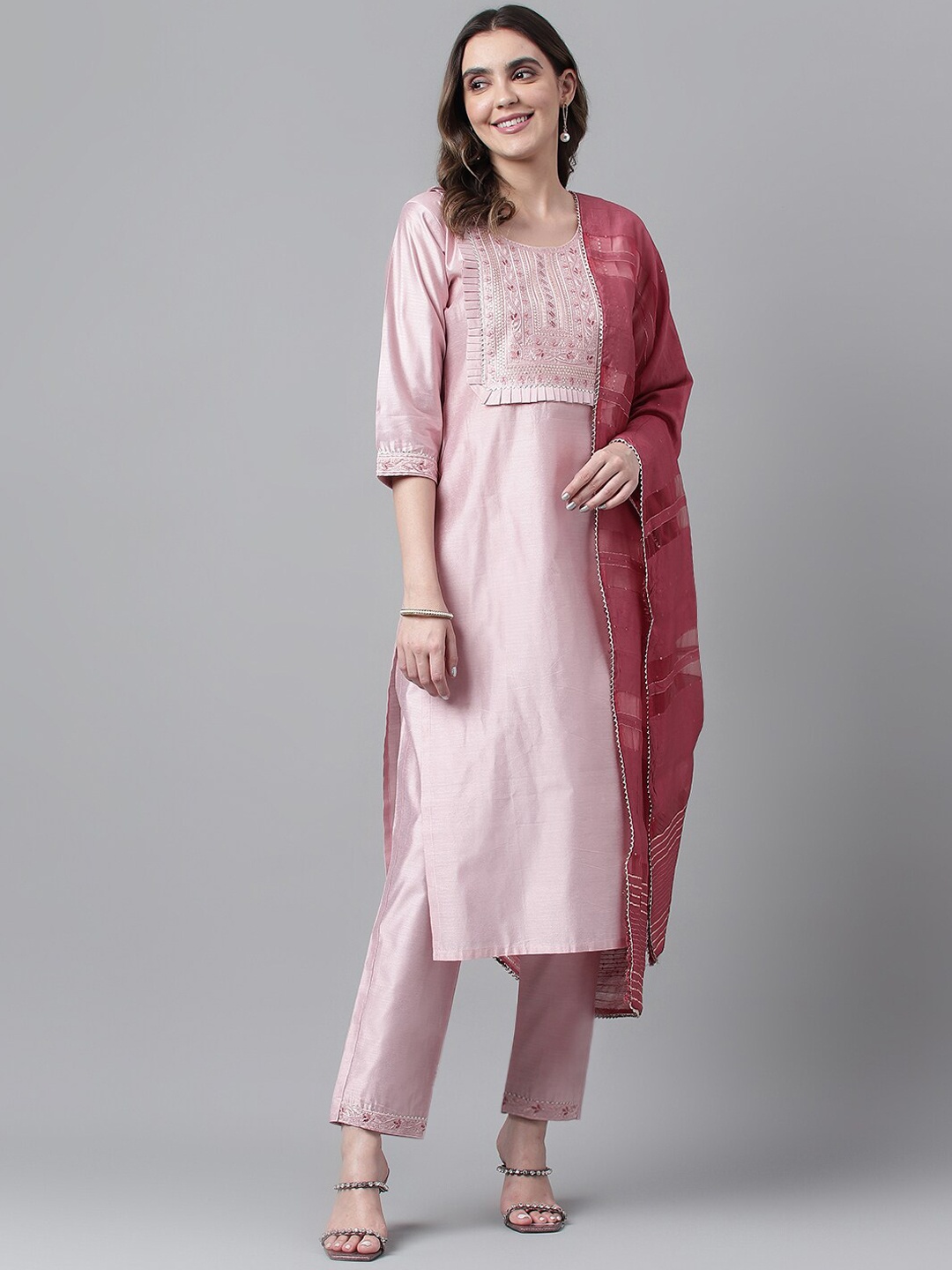 

RAJGRANTH Pink & Silver Yoke Design Sequinned Kurta With Trousers & Dupatta