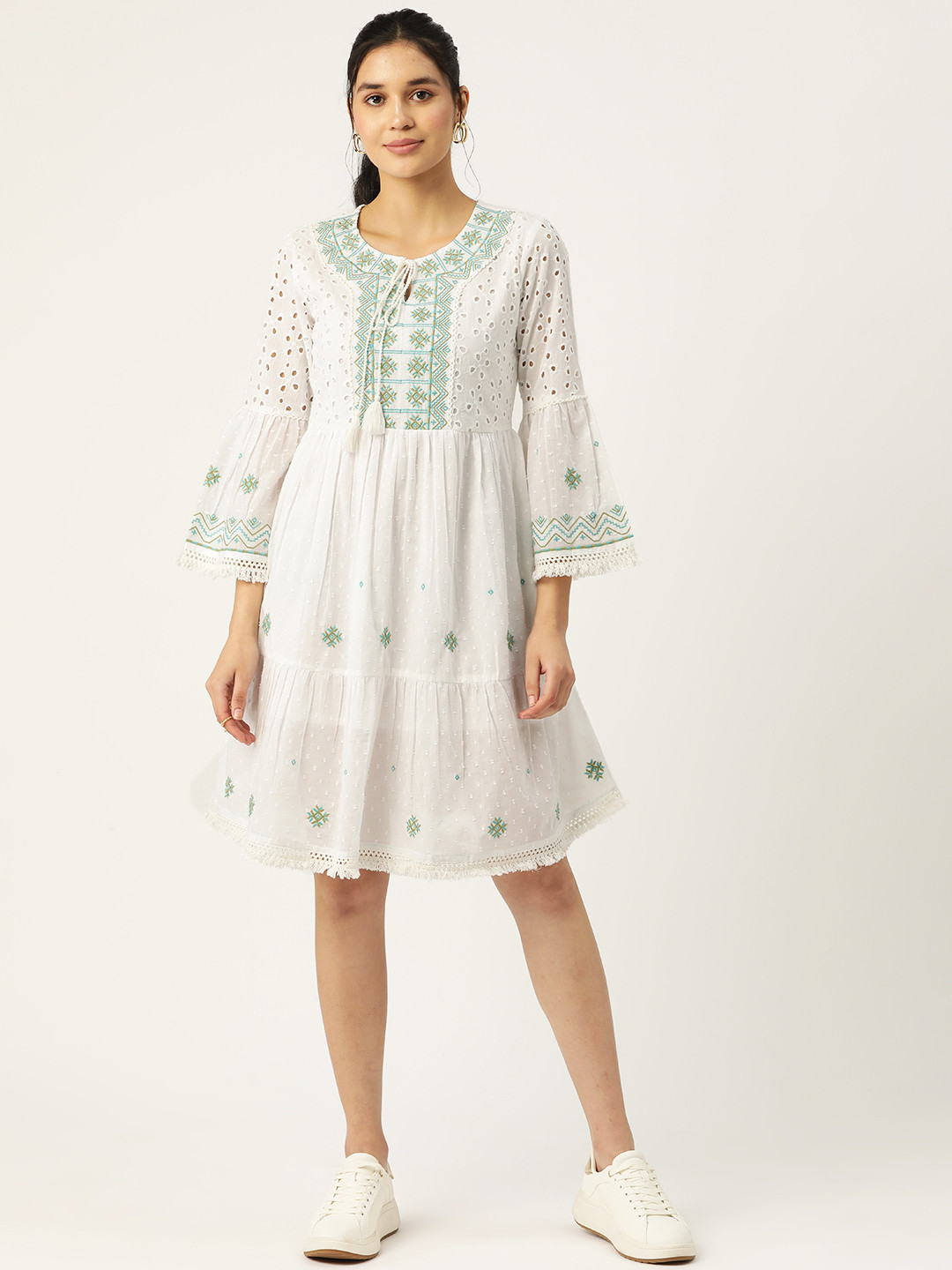 

MISRI Embroidered Tie-Up Neck Bell Sleeves A-Line Dress, White