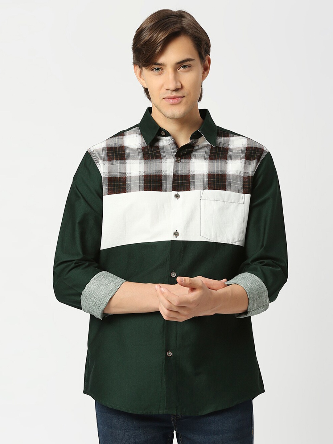 

VALEN CLUB Colourblocked Slim Fit Pure Cotton Casual Shirt, Green