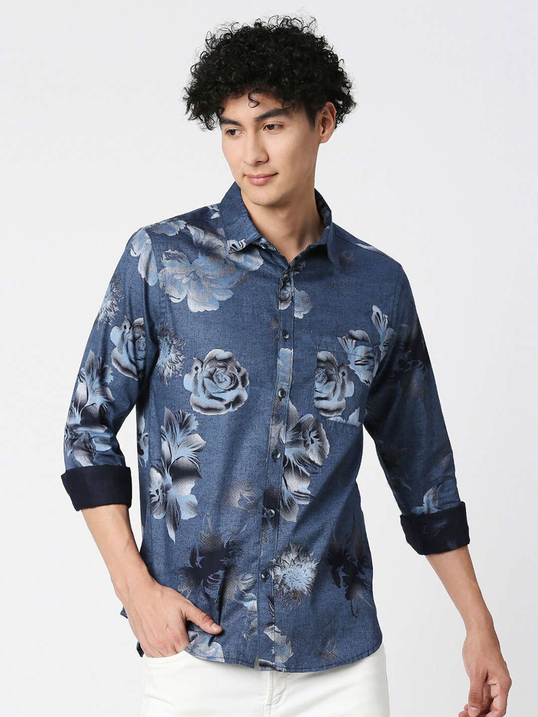 

VALEN CLUB Slim Fit Floral Printed Pure Cotton Casual Shirt, Blue