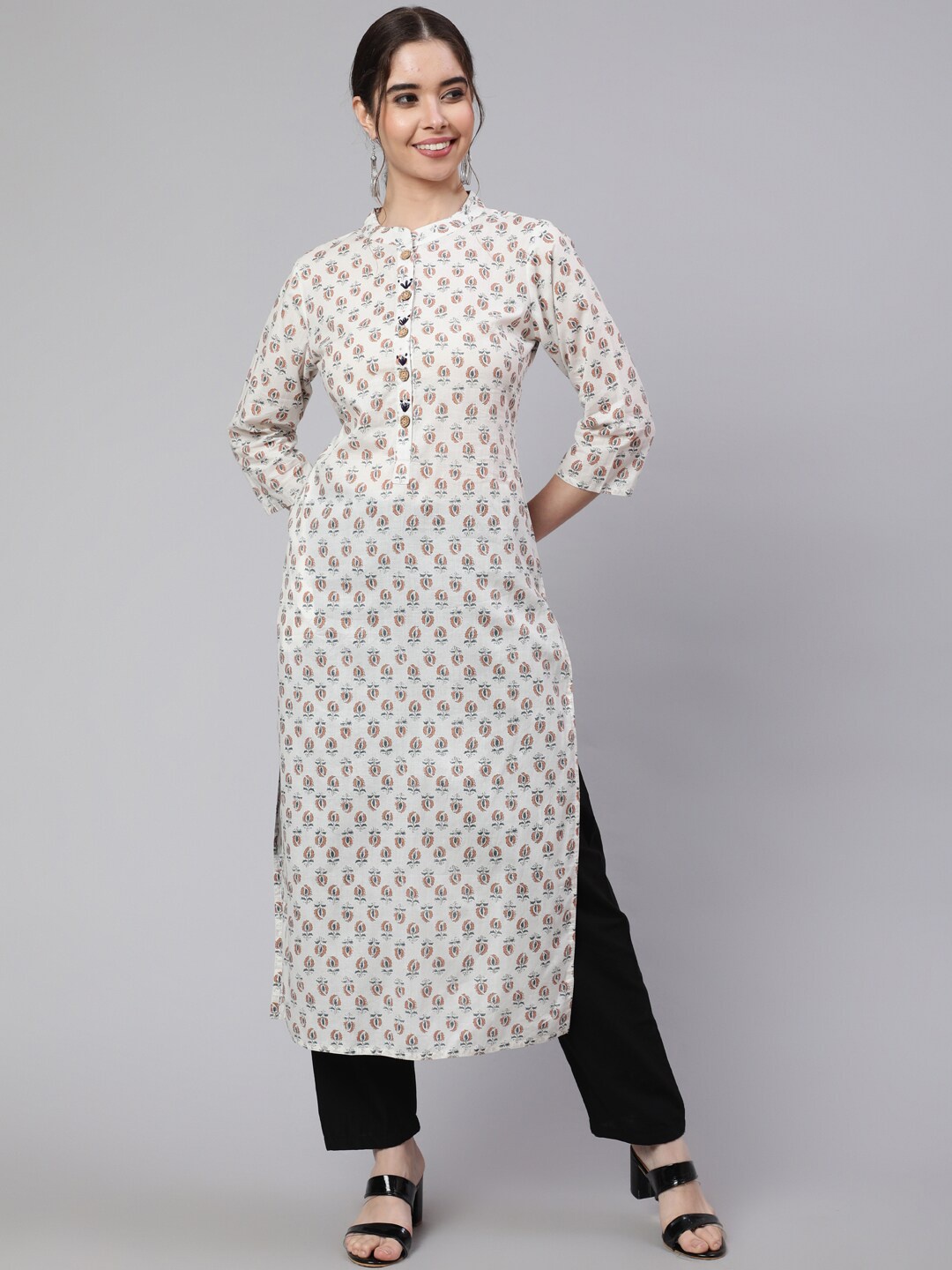 

Jaipur Kurti White & Peach Ethnic Motif Printed Mandarin Collar Pure Cotton Kurta