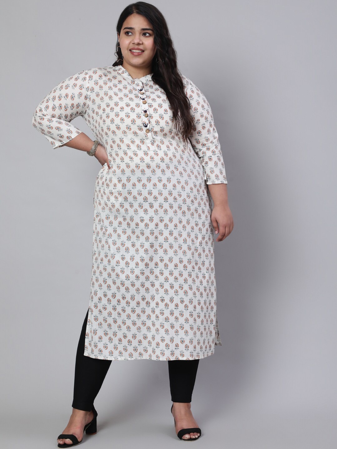 

Jaipur Kurti Plus Size White & Peach Printed Mandarin Collar Thread Work Pure Cotton Kurta