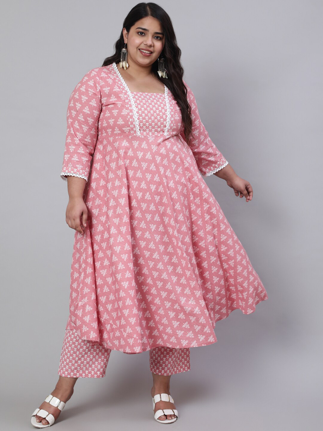 

Jaipur Kurti Plus Size Pink & White Ethnic Motifs Printed Pure Cotton Kurta with Trousers