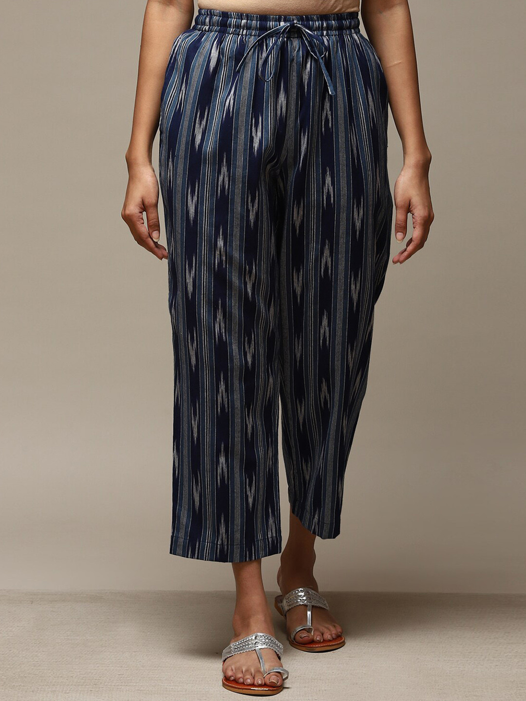 

Biba Women Striped Relaxed Cotton Trousers, Blue