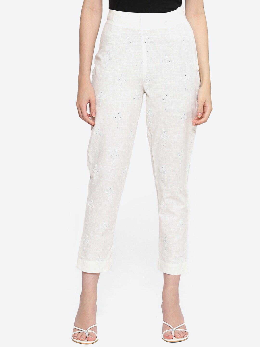 

Biba Women Floral Printed Relaxed Fit Cotton Cigarette Trousers, Off white