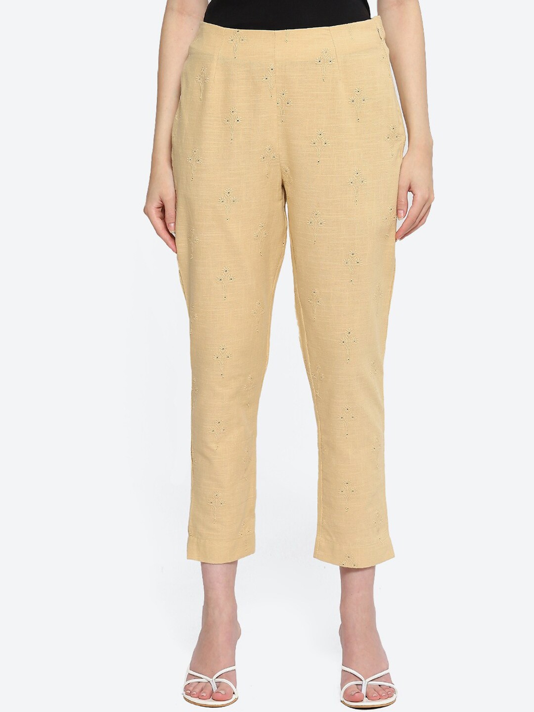 

Biba Women Ethnic Motifs Embroidered Regular Trousers, Beige