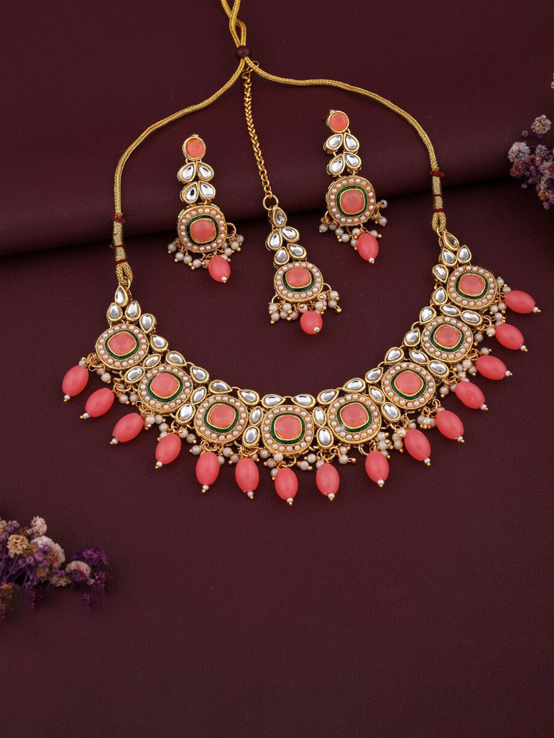 

ROFARWORD Gold-Plated Stone-Studded & Beaded Jewellery Set