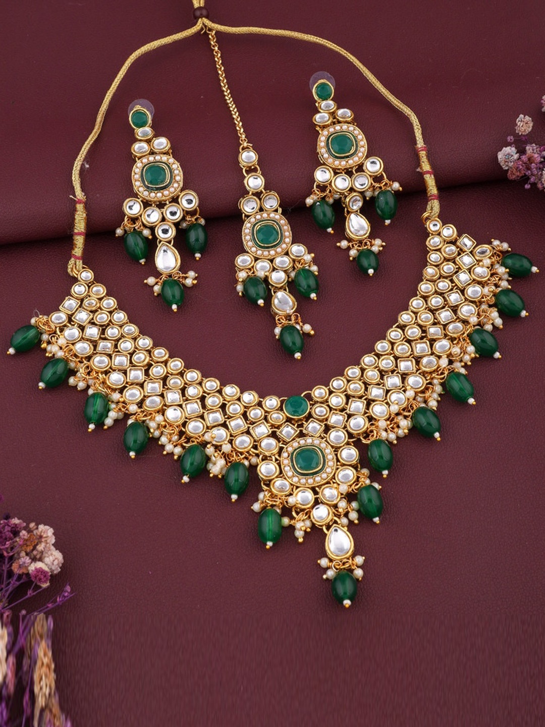 

ROFARWORD Gold-Plated Stone-Studded & Beaded Jewellery Set