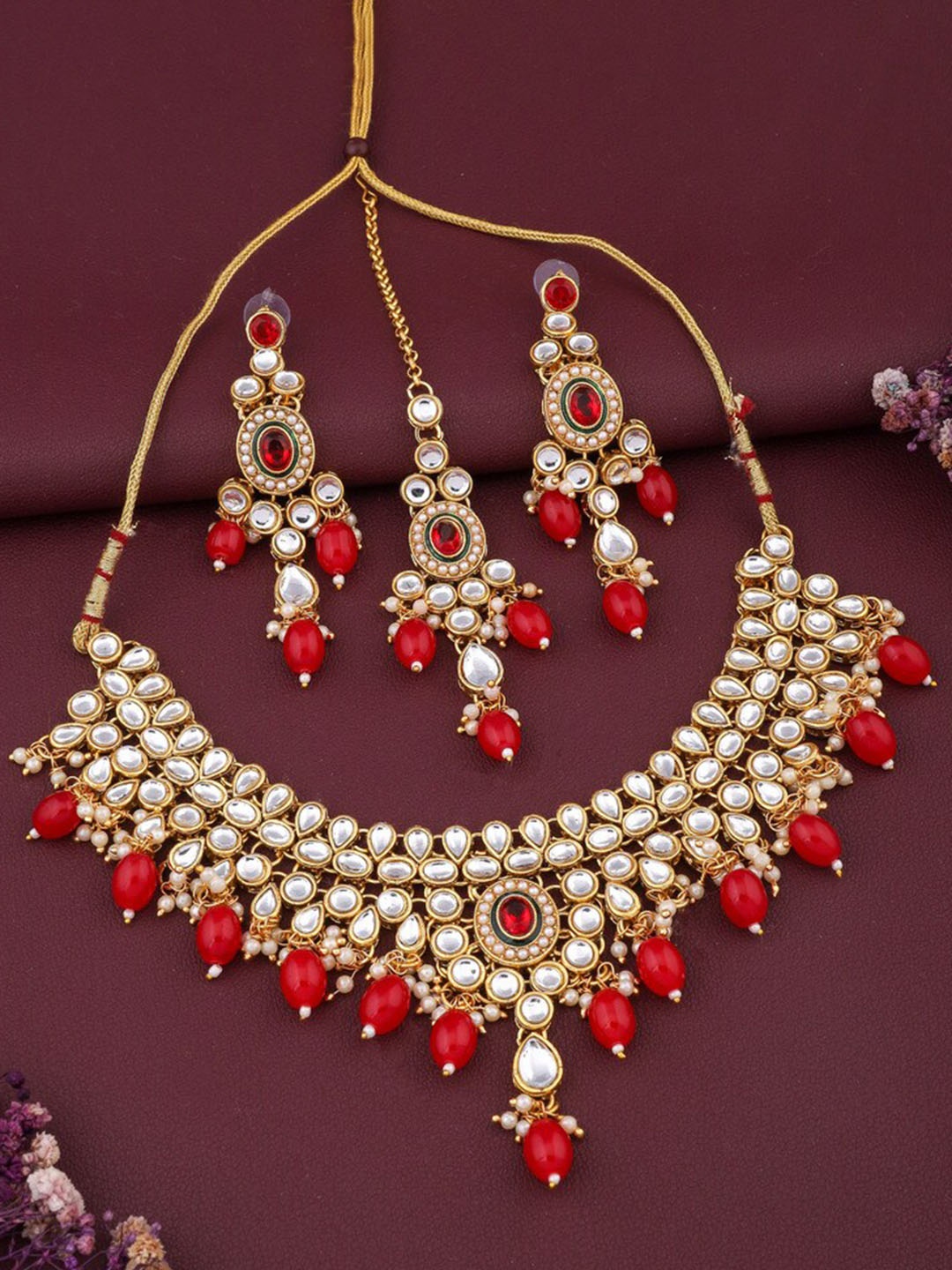 

ROFARWORD Gold-Plated Stone-Studded & Beaded Jewellery Set