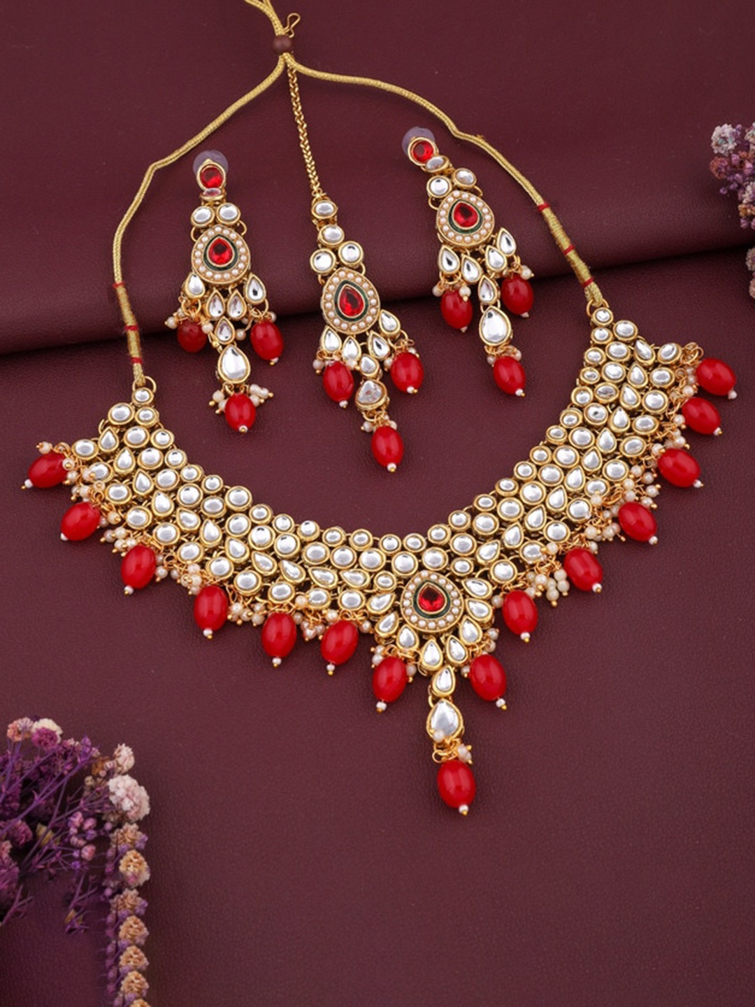 

ROFARWORD Gold-Plated Stone-Studded & Beaded Jewellery Set