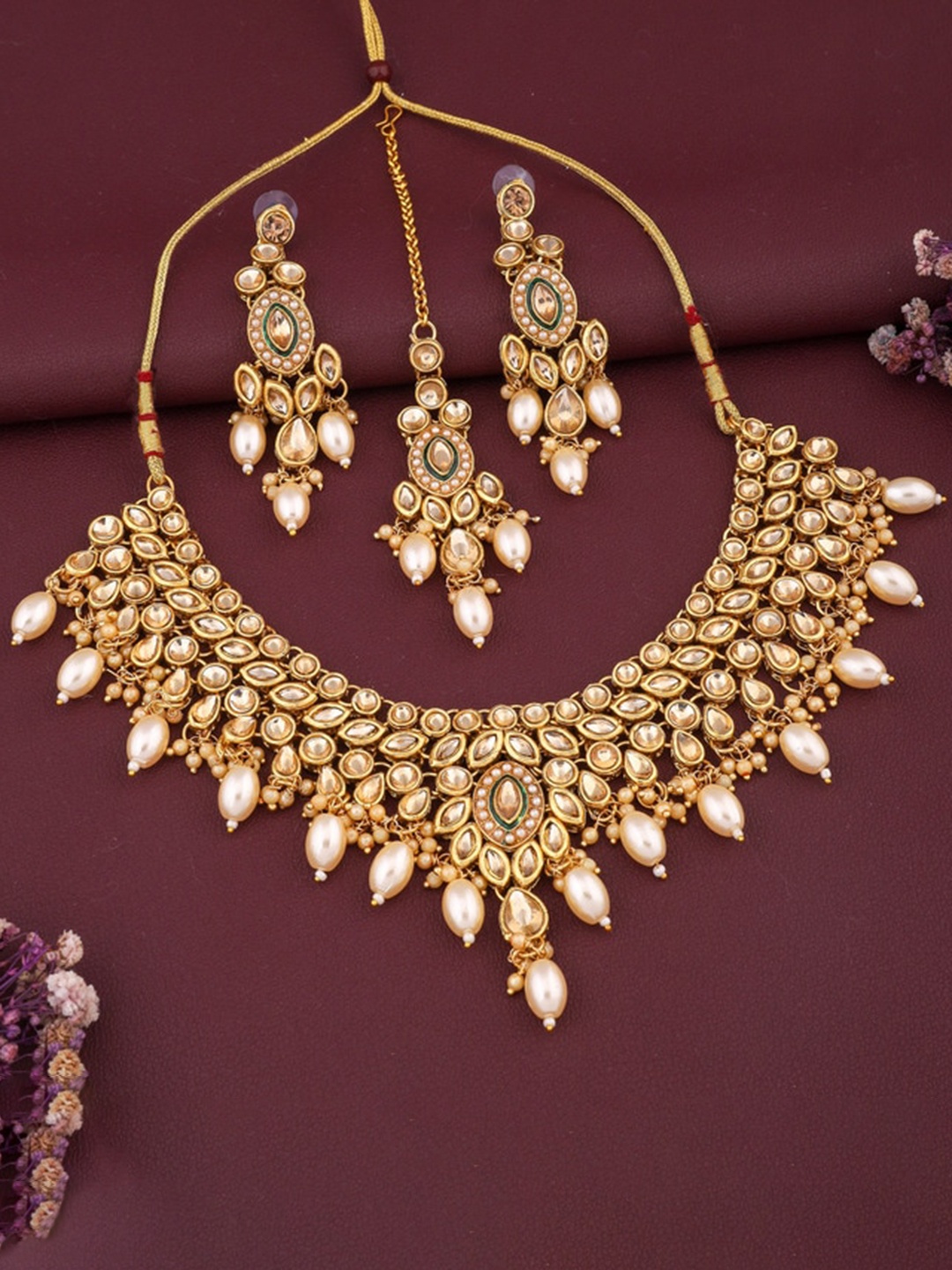 

ROFARWORD Gold-Plated Stone-Studded & Beaded Jewellery Set