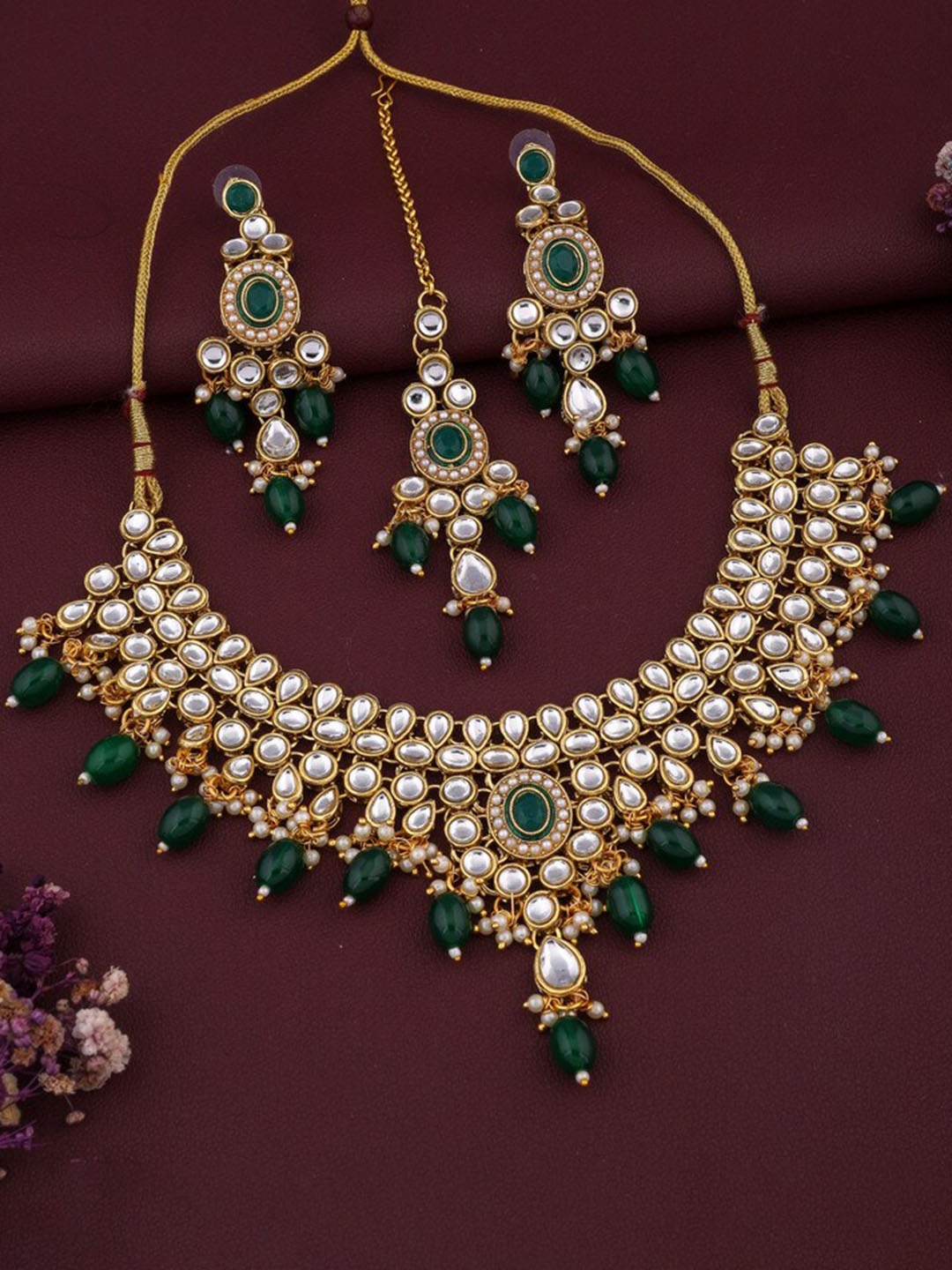 

ROFARWORD Gold-Plated Stone-Studded & Beaded Necklace & Earrings
