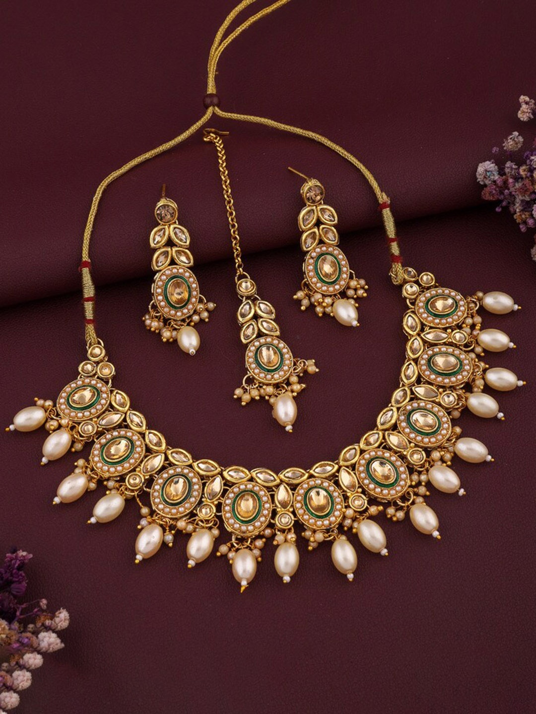 

ROFARWORD Gold-Plated Stone-Studded & Beaded Jewellery Set