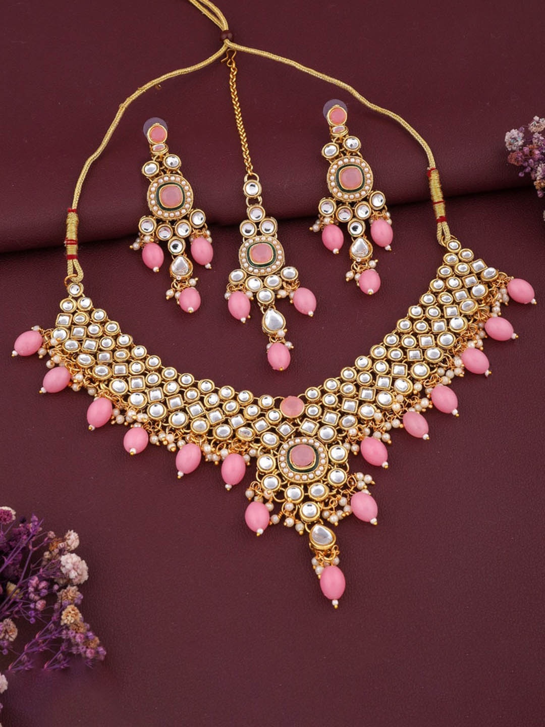 

ROFARWORD Gold-Plated Stone-Studded & Beaded Jewellery Set